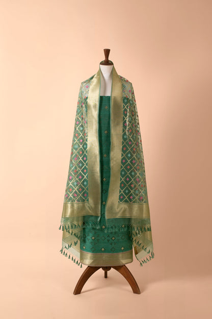 Handwoven Green Banarasi Net Suit Piece