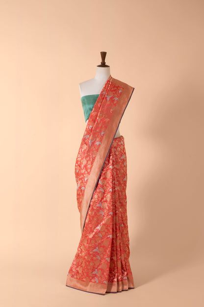 Handwoven Orange Silk Sari