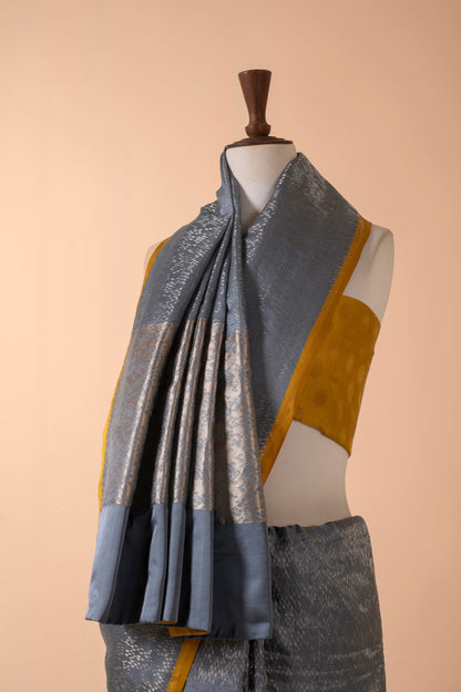 Handwoven Grey Satin Silk Sari