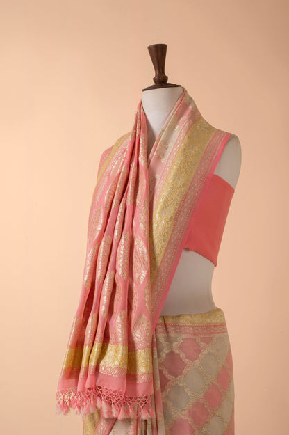 Handwoven Peach Georgette Sari