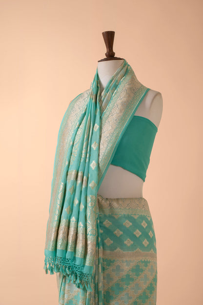 Handwoven Turquoise Georgette Sari