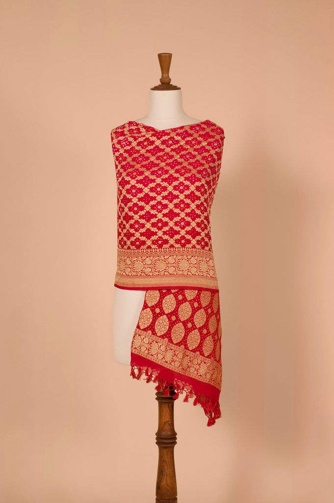 Handwoven Red & Pink Bandhani Dupatta