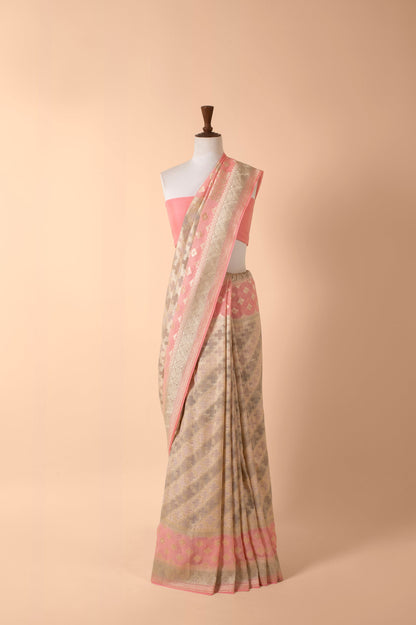 Handwoven Grey and Pink Georgette Sari