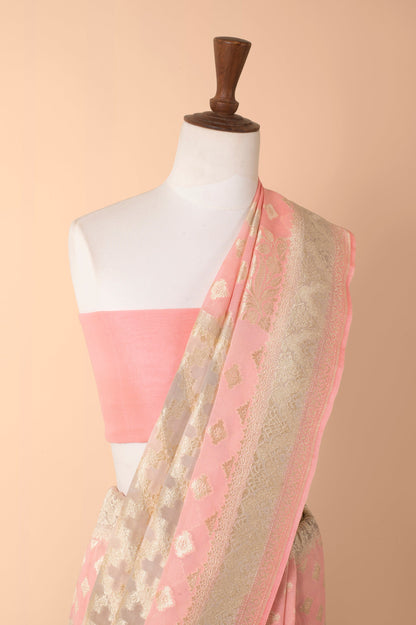 Handwoven Grey and Pink Georgette Sari