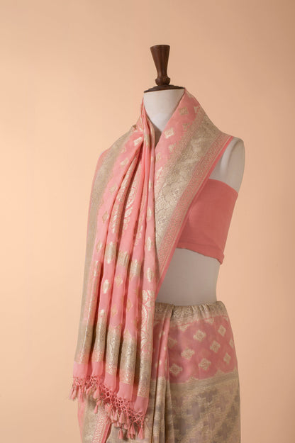 Handwoven Grey and Pink Georgette Sari