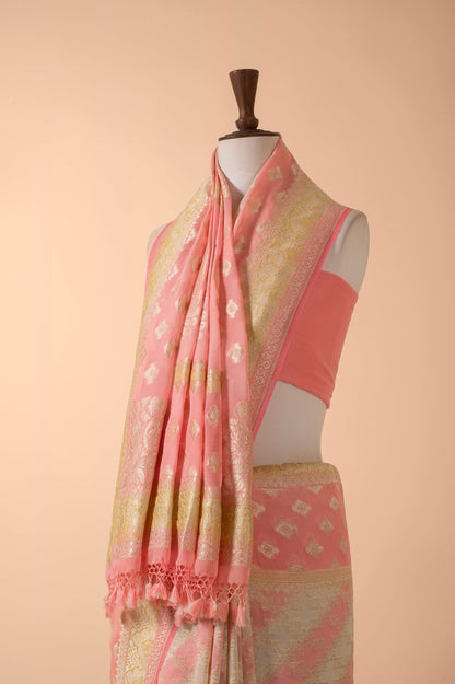 Handwoven Peach Georgette Sari