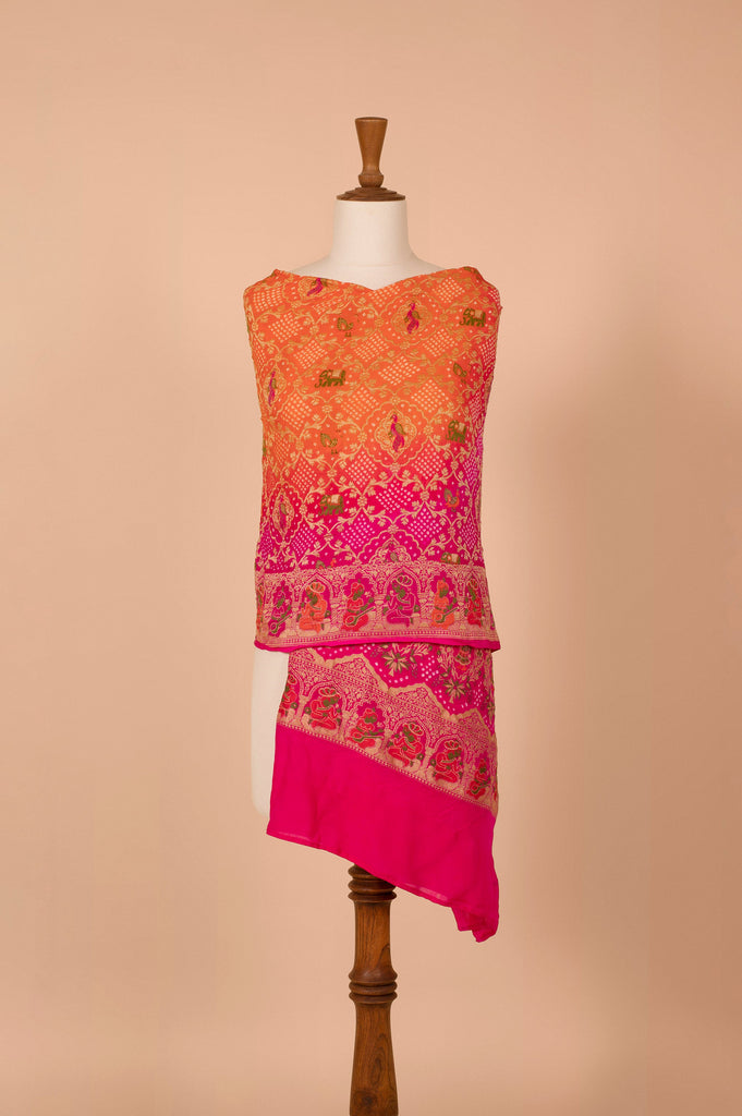 Handwoven Pink and Orange Bandhani Dupatta