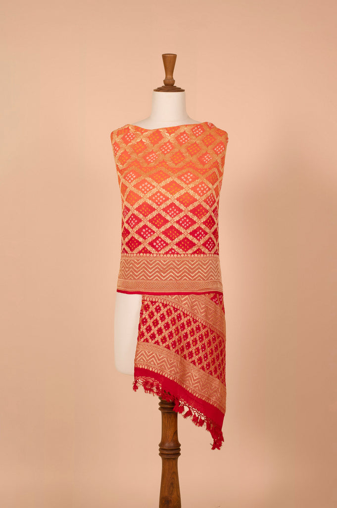 Handwoven Orange and Red Bandhani Dupatta