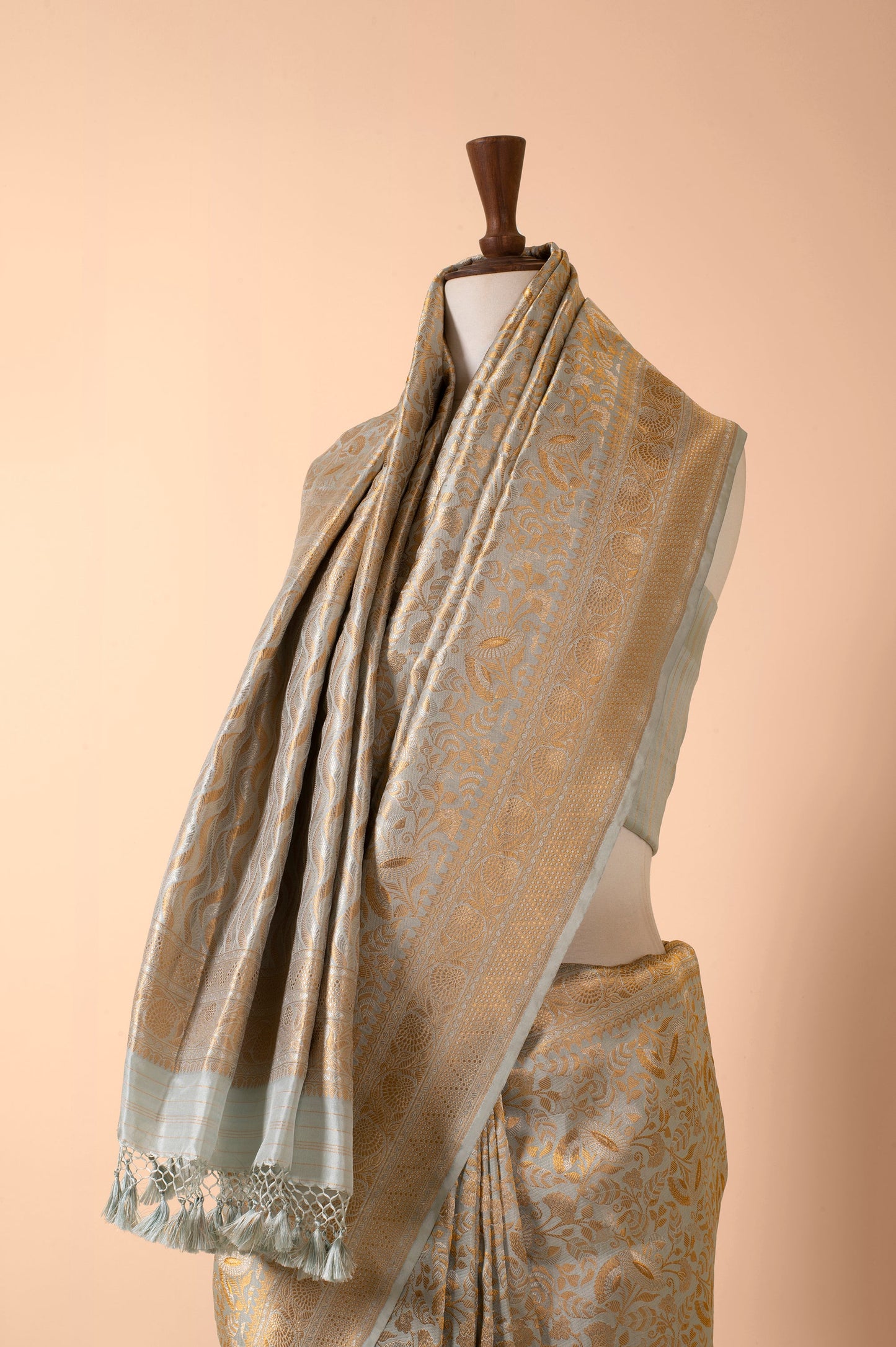 Handwoven Grey Satin Silk Sari