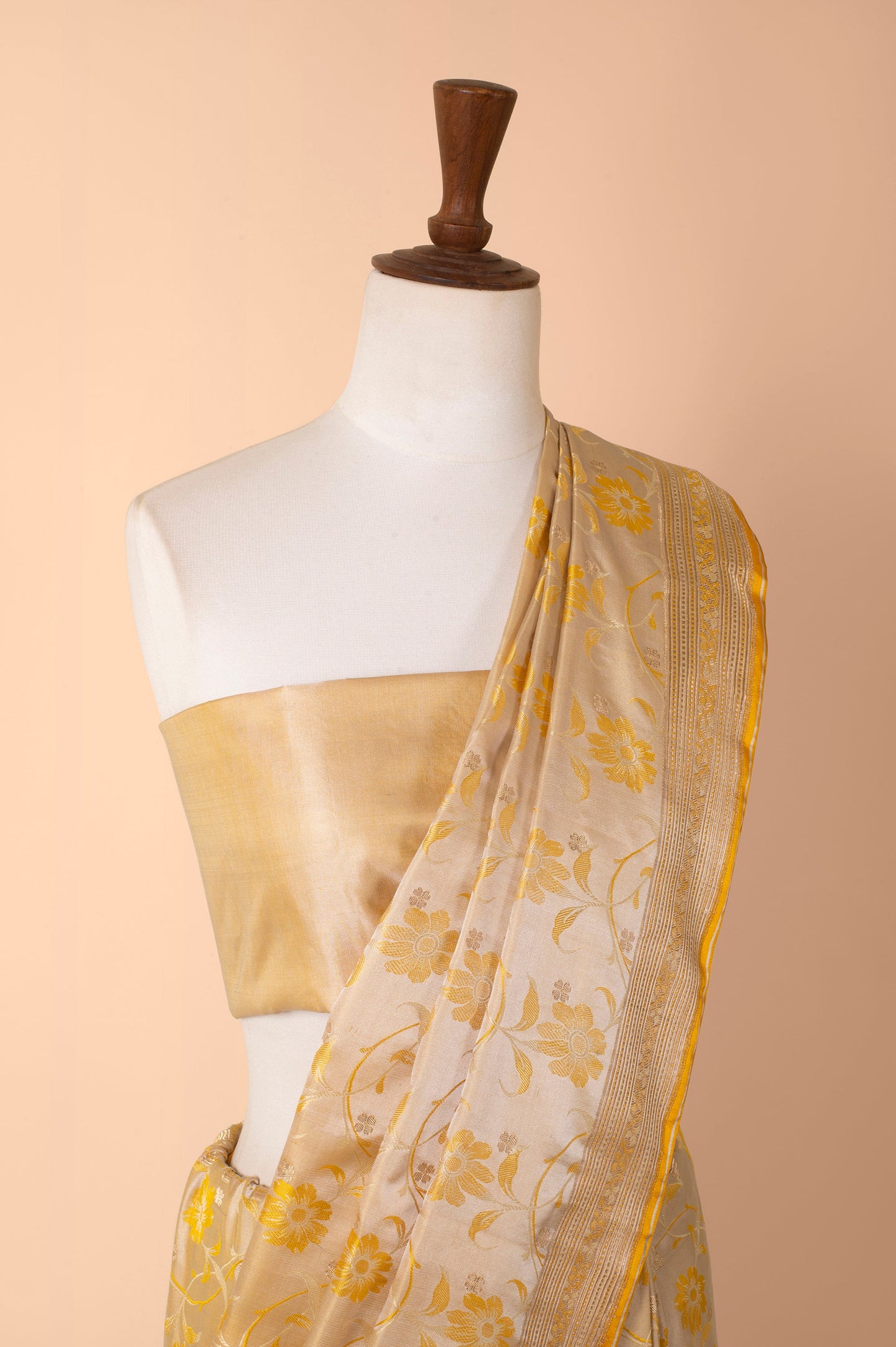 Handwoven Biege and Gold Silk Sari