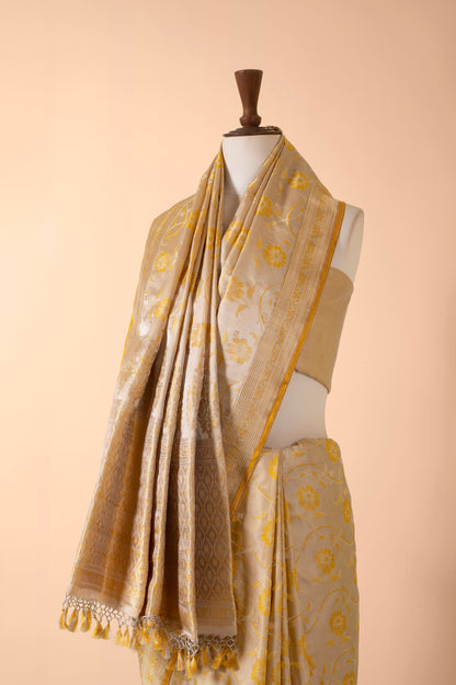 Handwoven Biege and Gold Silk Sari