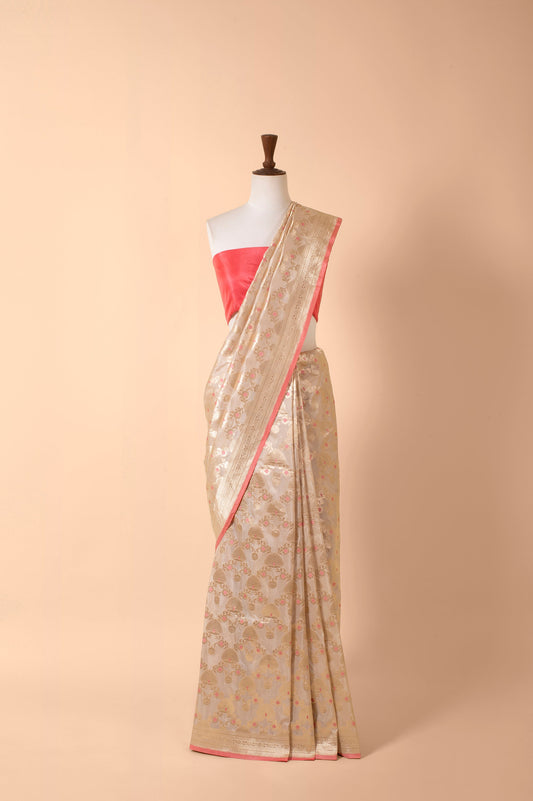 Handwoven Ivory and Peach Silk Sari