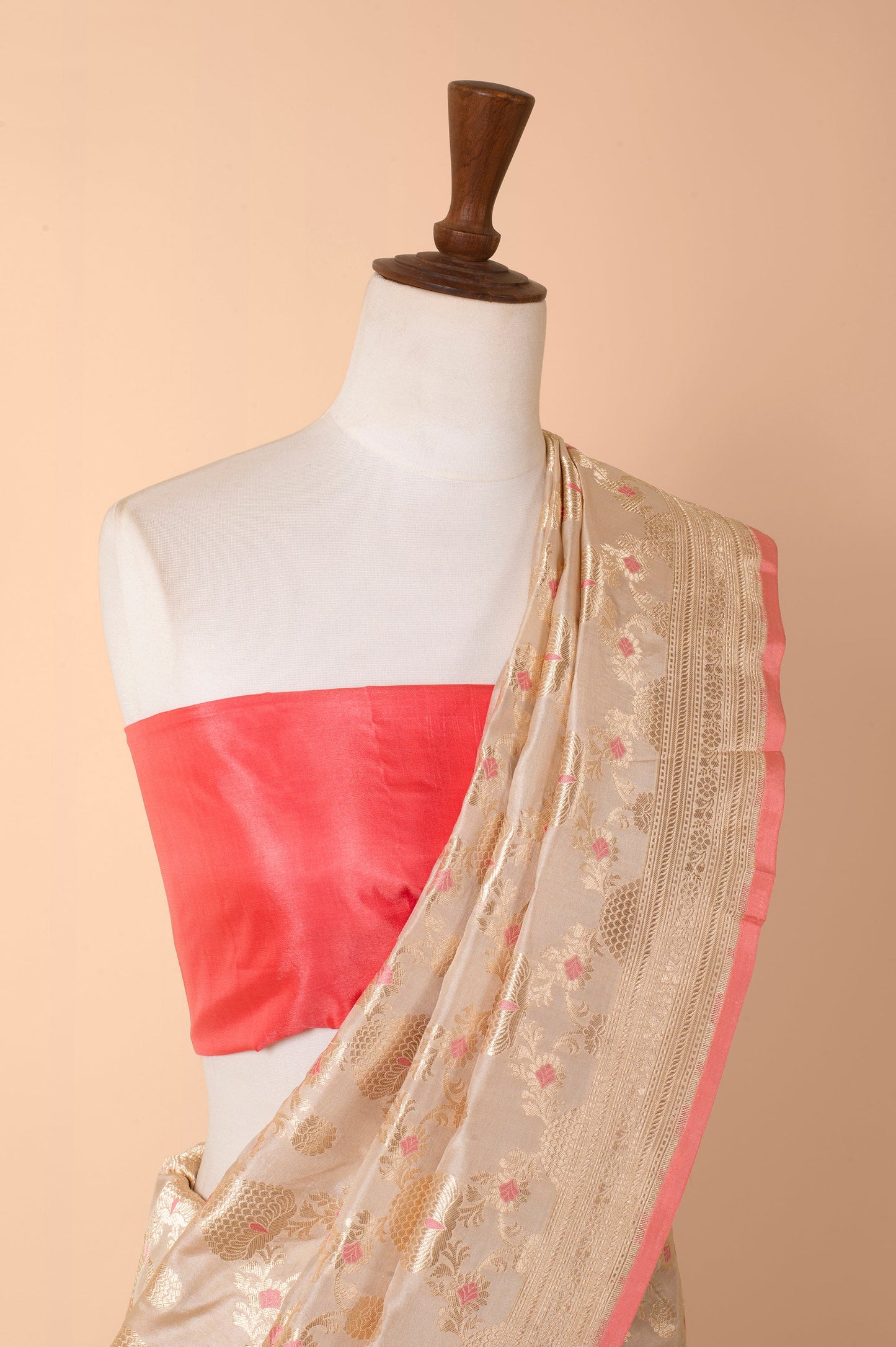 Handwoven Ivory and Peach Silk Sari