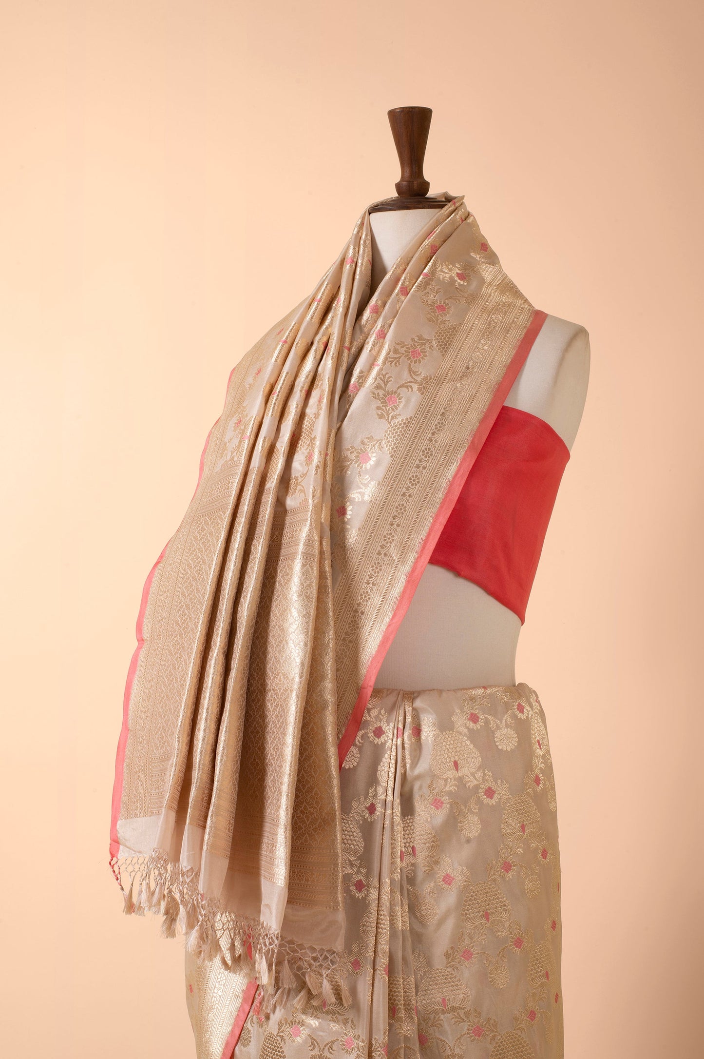 Handwoven Ivory and Peach Silk Sari