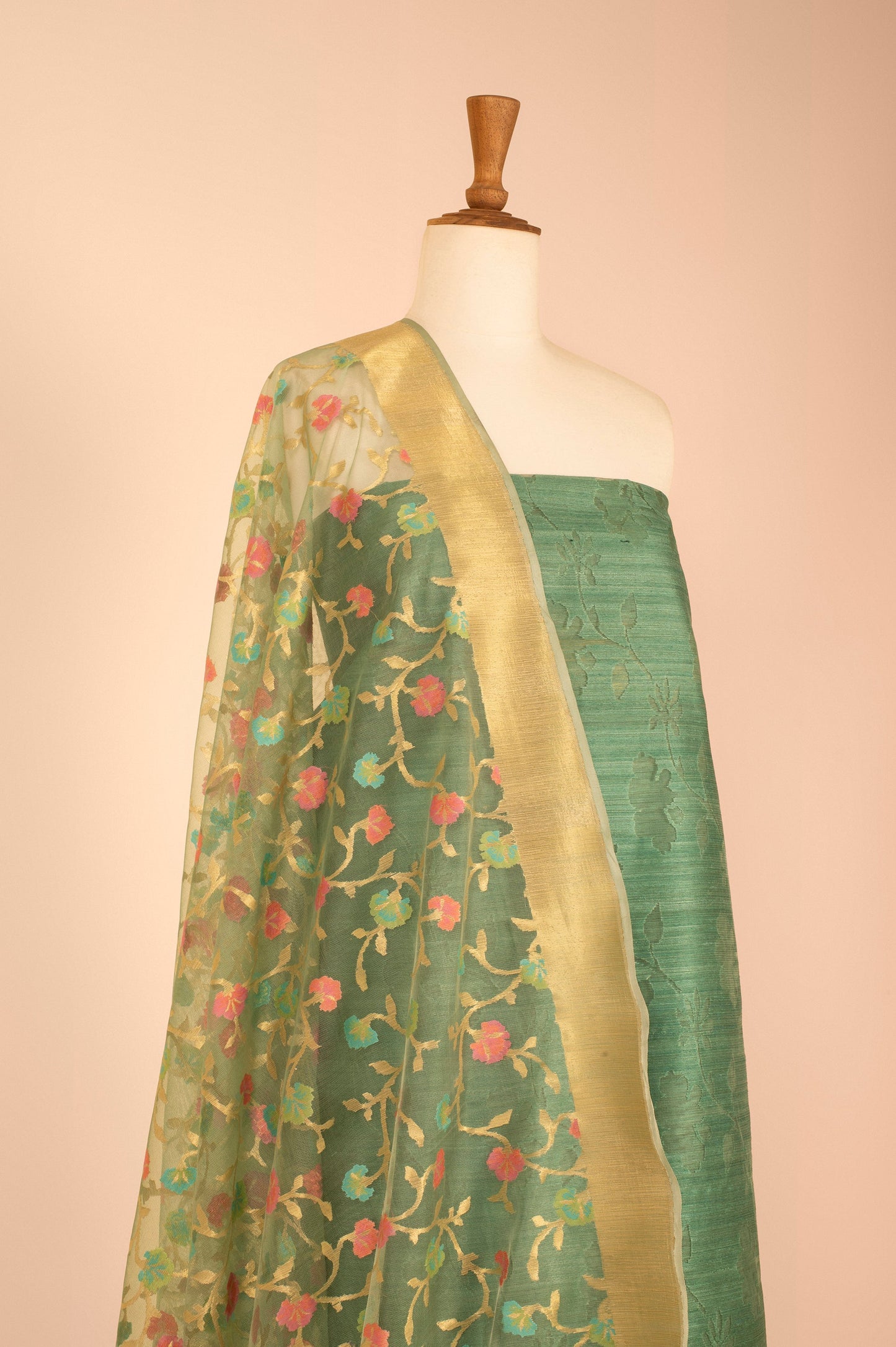 Handwoven Green Banarasi Net Suit Piece