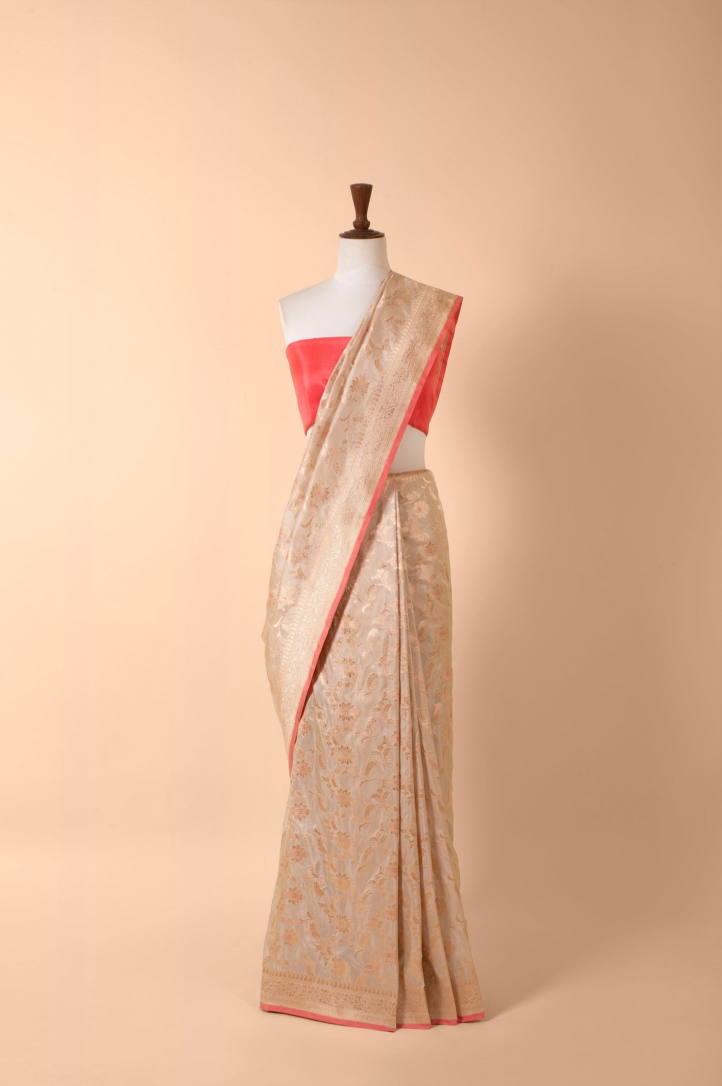 Handwoven Ivory and Peach Silk Sari