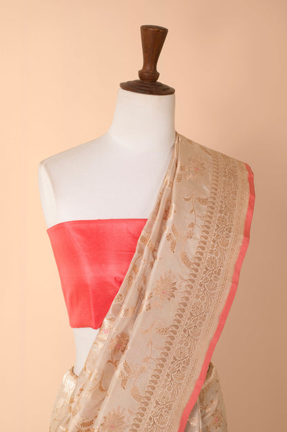 Handwoven Ivory and Peach Silk Sari