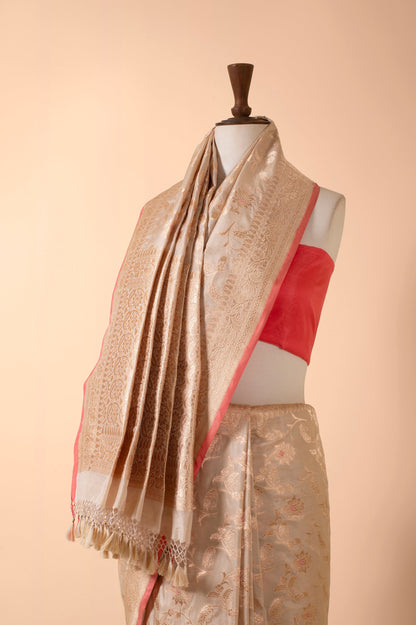 Handwoven Ivory and Peach Silk Sari