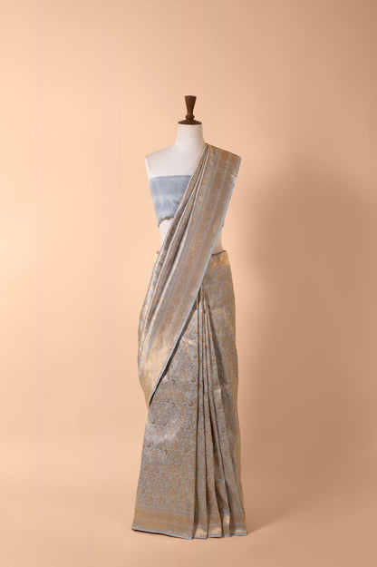 Handwoven Blue Satin Silk Sari