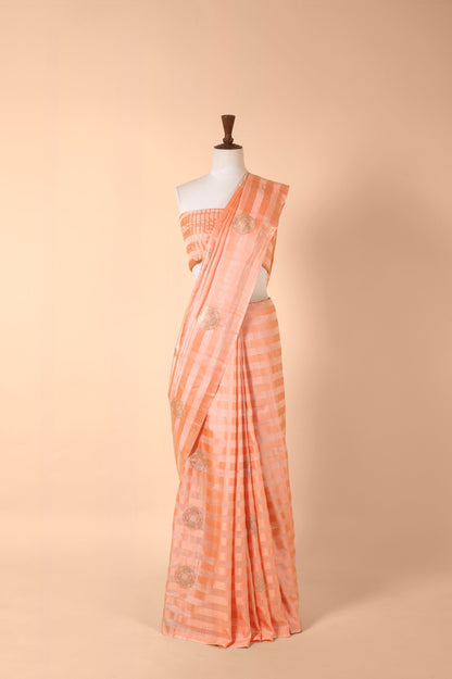 Handwoven Peach Satin Silk Sari