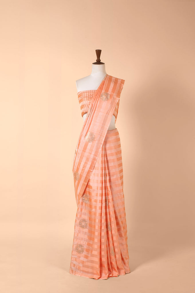 Handwoven Peach Satin Silk Sari