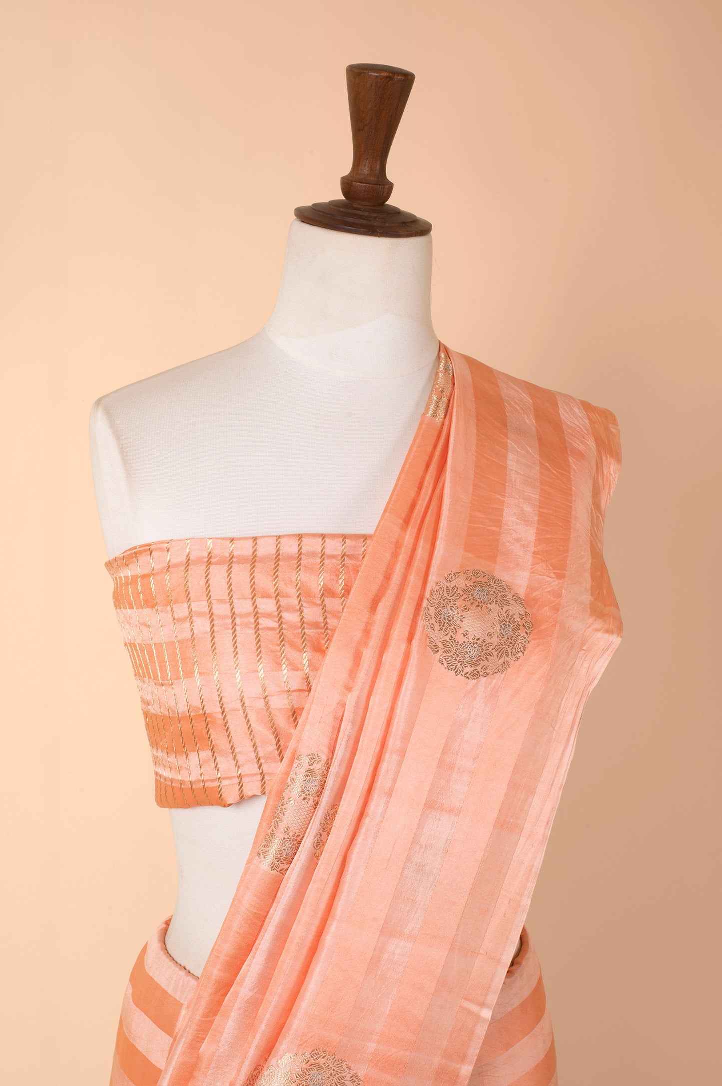 Handwoven Peach Satin Silk Sari