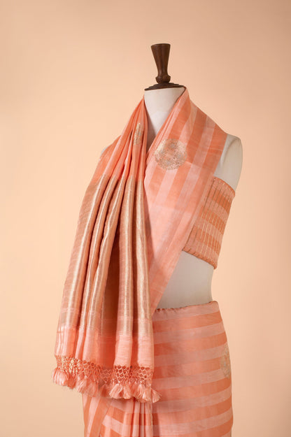 Handwoven Peach Satin Silk Sari