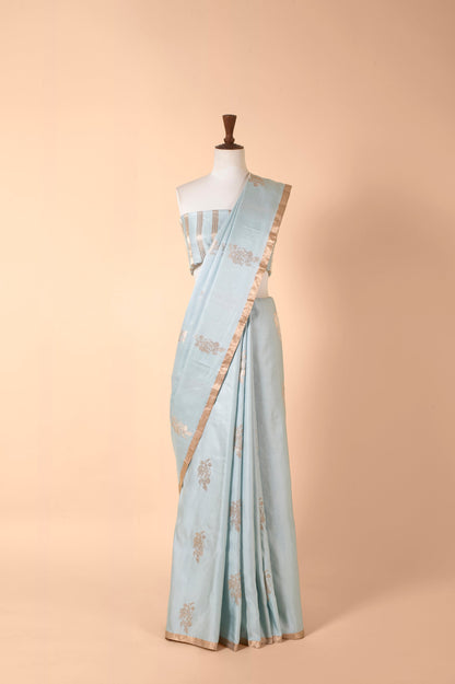 Handwoven Blue Satin Silk Sari