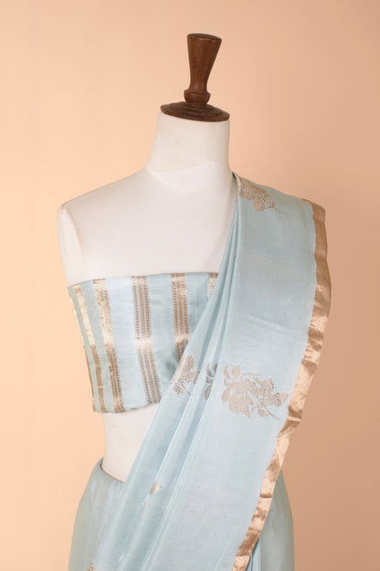 Handwoven Blue Satin Silk Sari