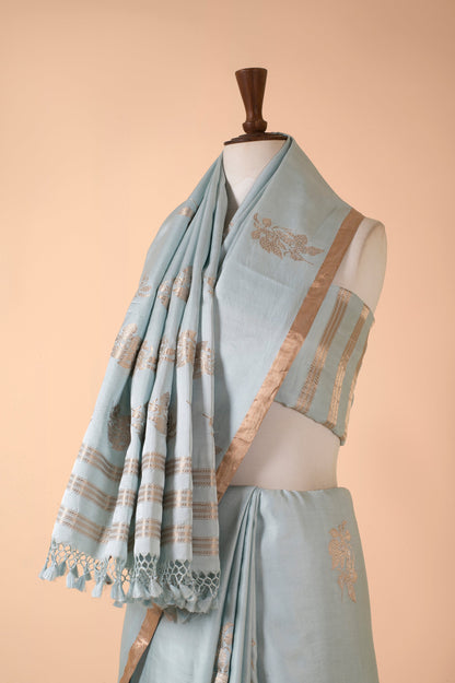 Handwoven Blue Satin Silk Sari