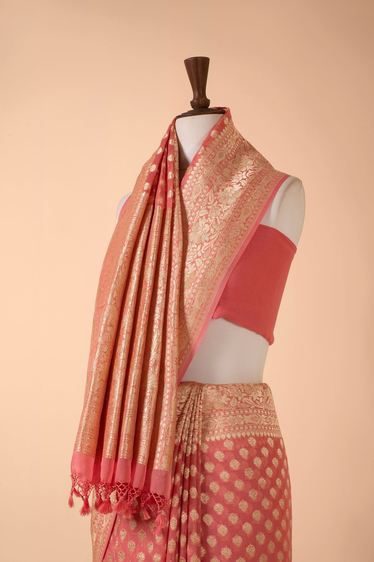 Handwoven Peach Georgette Sari