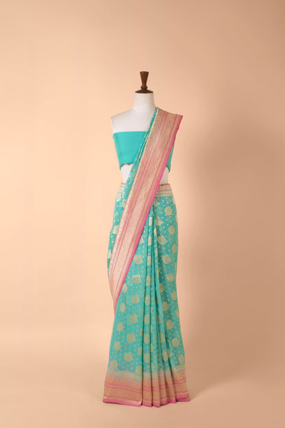 Handwoven Turquoise Georgette Sari