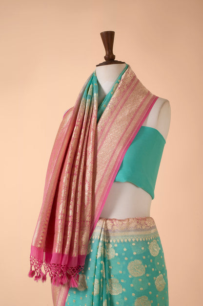 Handwoven Turquoise Georgette Sari