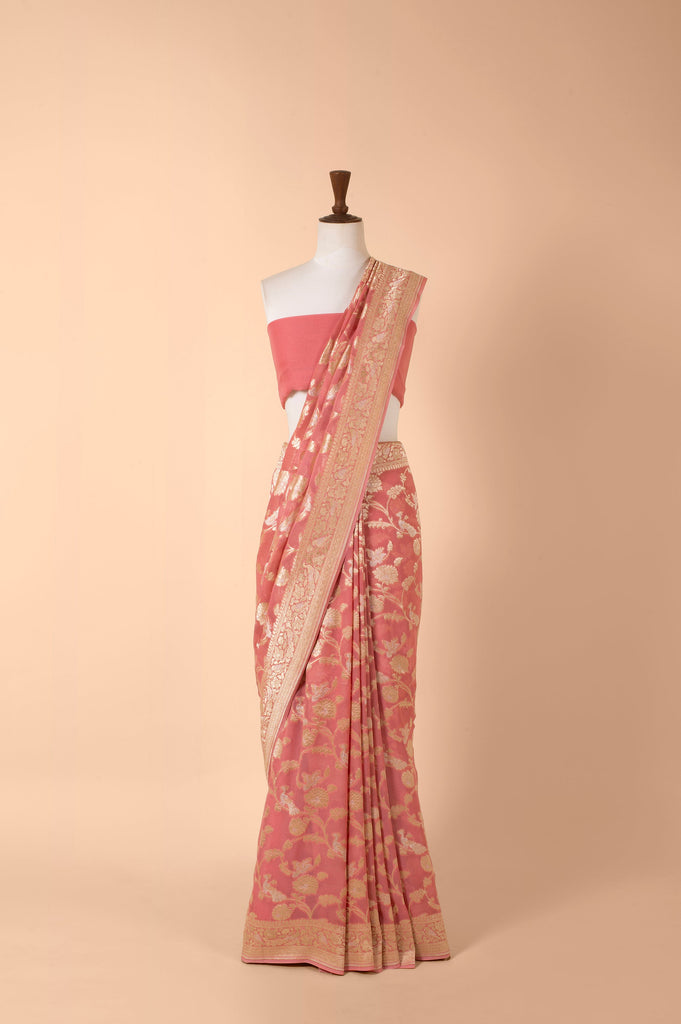 Handwoven Peach Georgette Sari