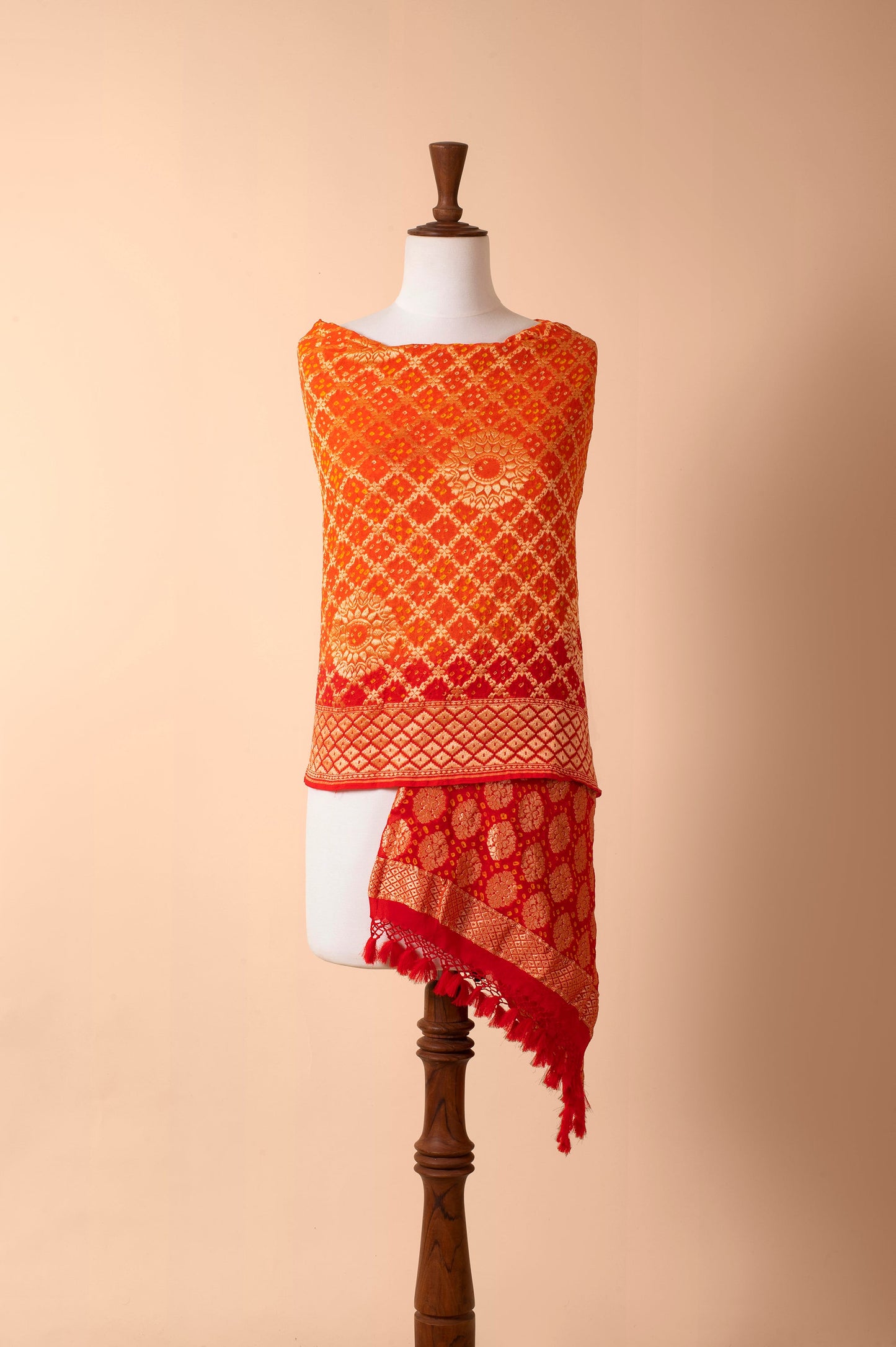 Handwoven Red and Orange Bandhani Dupatta