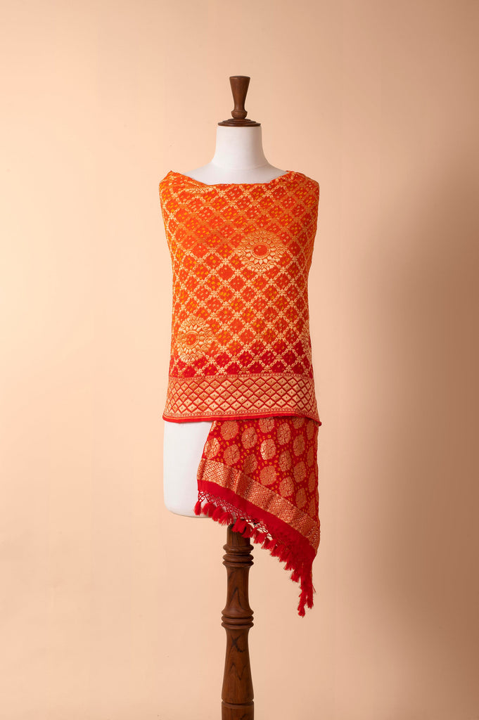 Handwoven Red and Orange Bandhani Dupatta