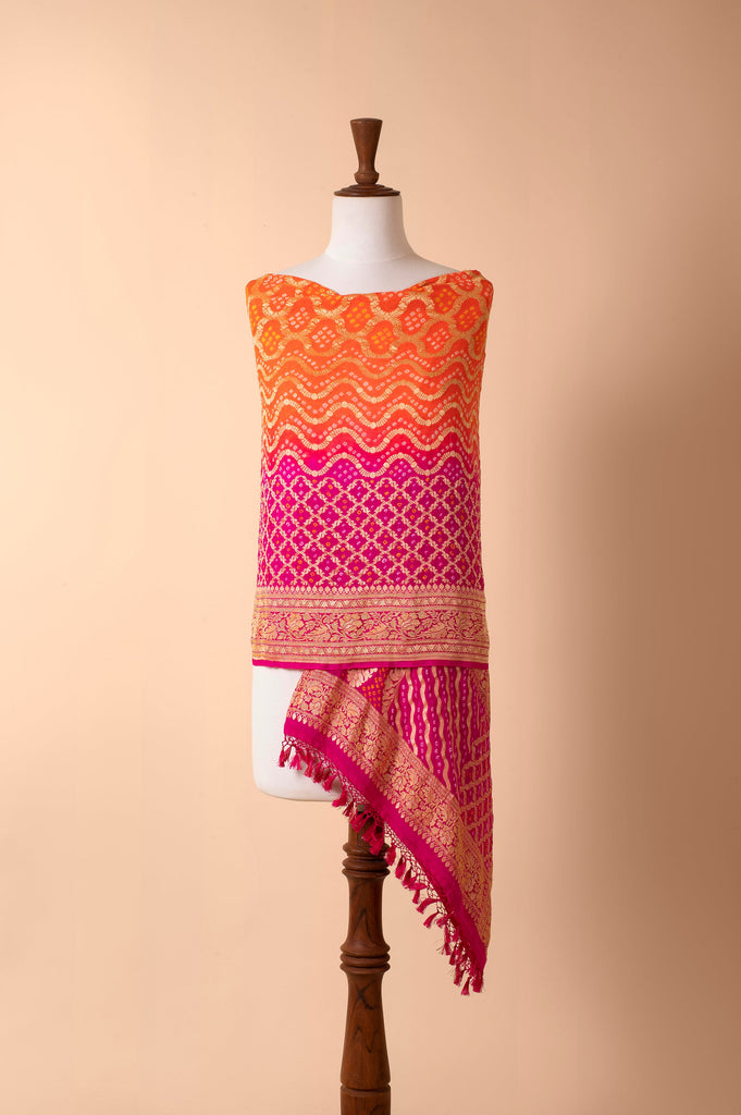 Handwoven Pink and Orange Bandhani Dupatta