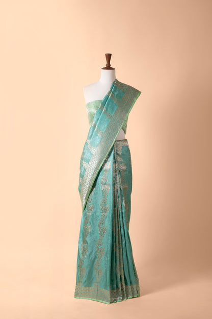 Handwoven Blue Satin Silk Sari