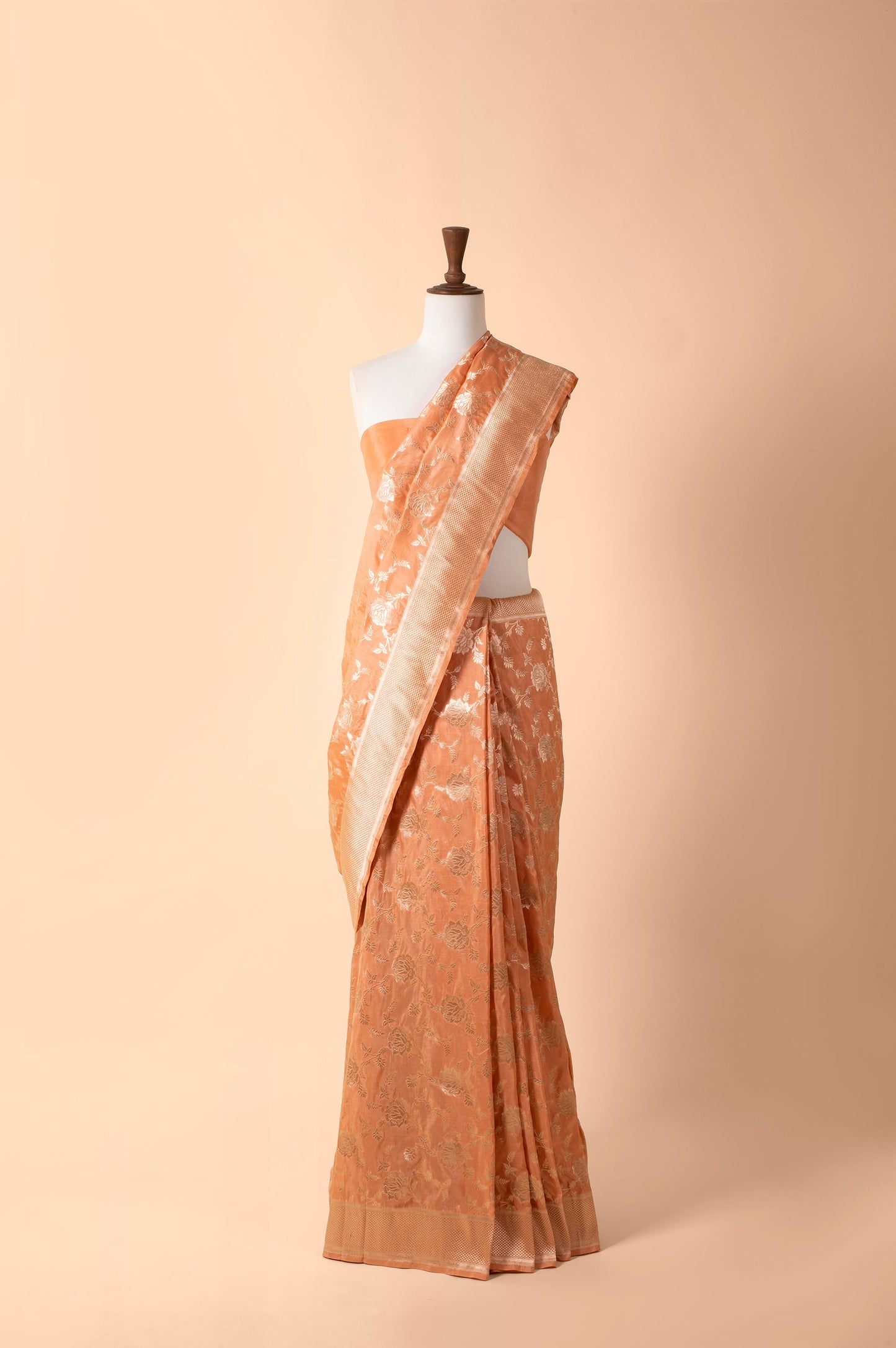 Handwoven Peach Satin Silk Sari