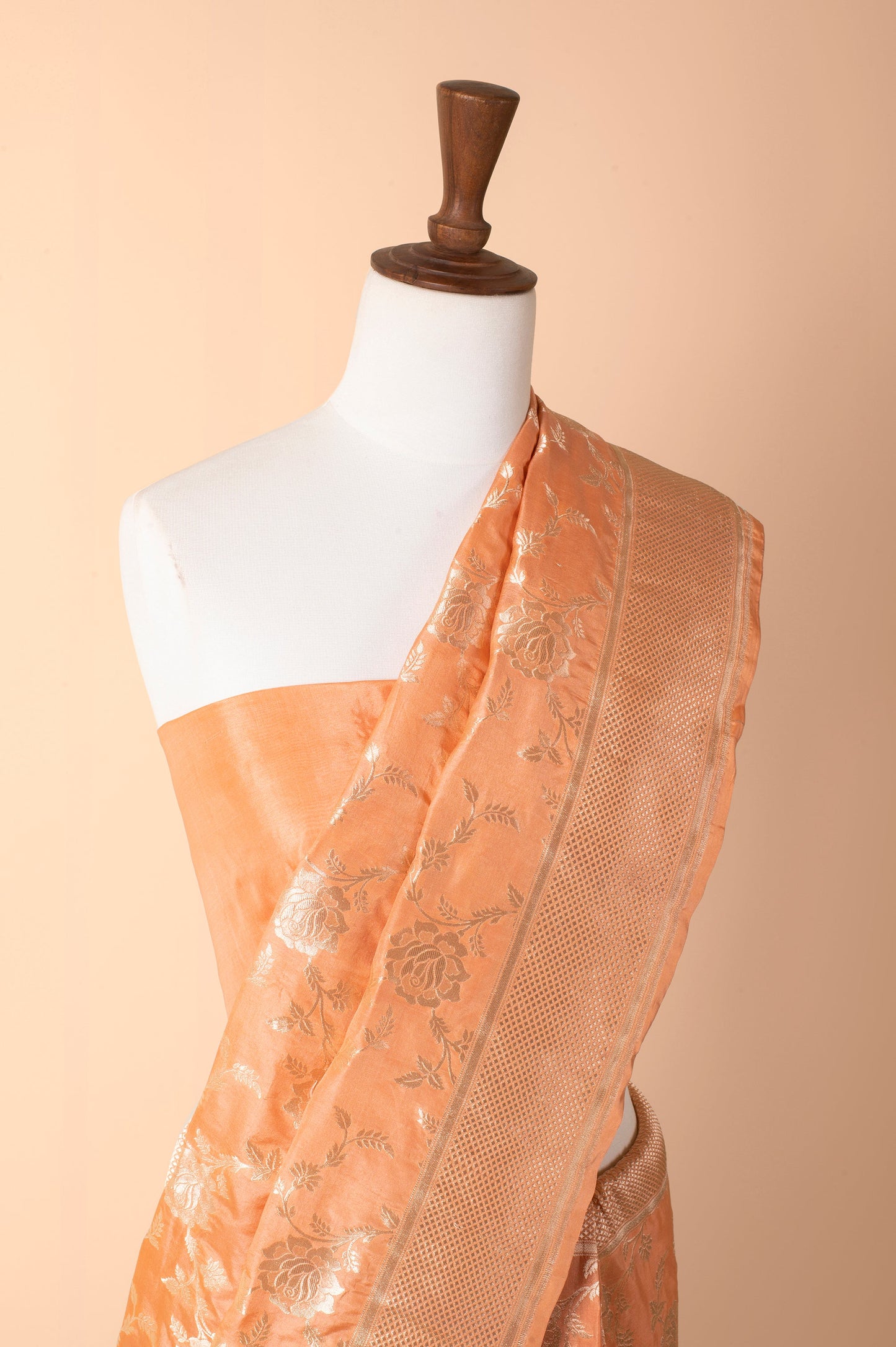 Handwoven Peach Satin Silk Sari