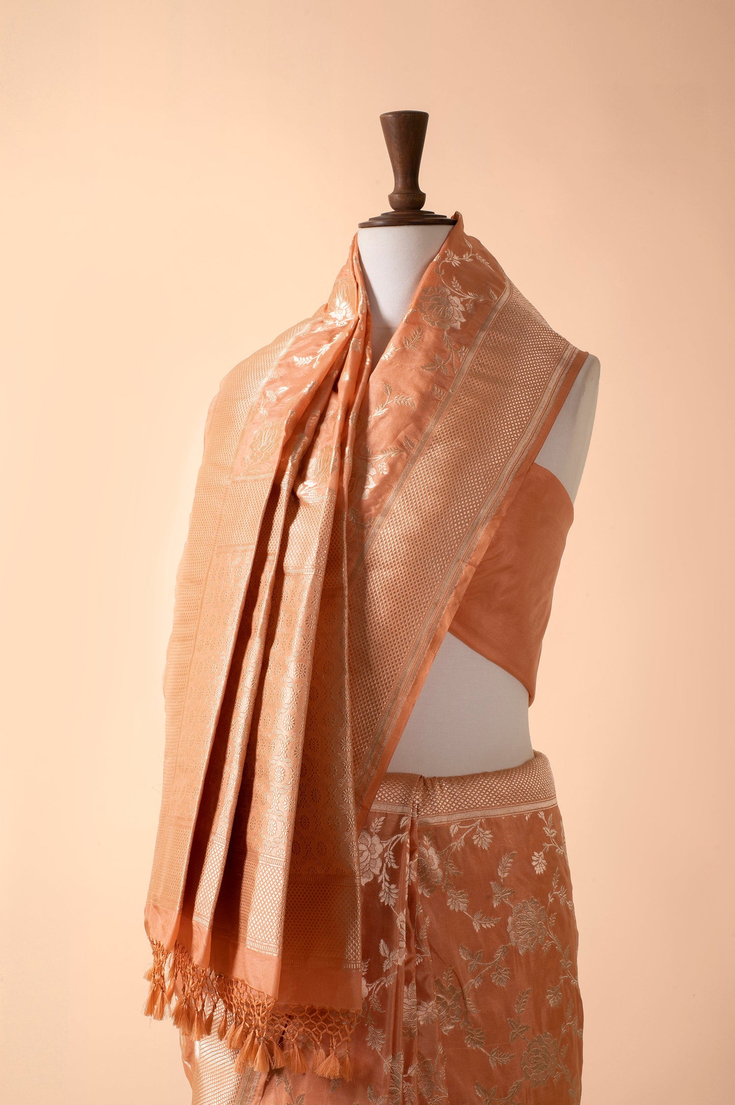 Handwoven Peach Satin Silk Sari