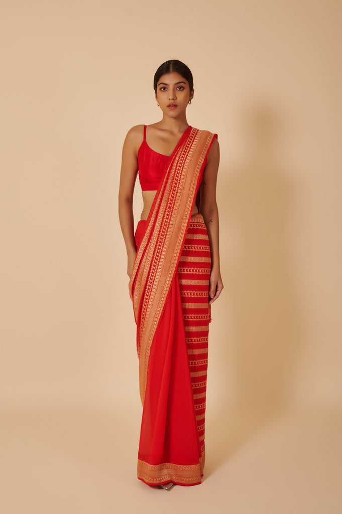 Handwoven Orange Georgette Sari