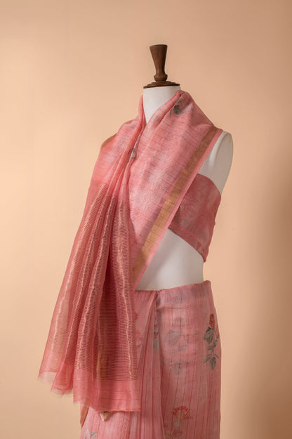 Handwoven Pink Chanderi Sari