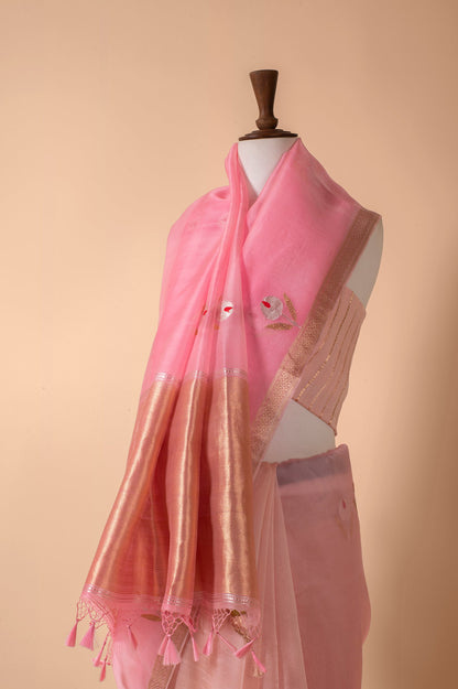 Handwoven Pink Organza Sari