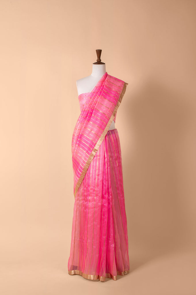 Handwoven Pink Organza Sari