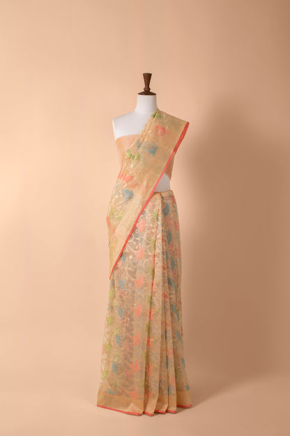 Handwoven Peach Net Sari