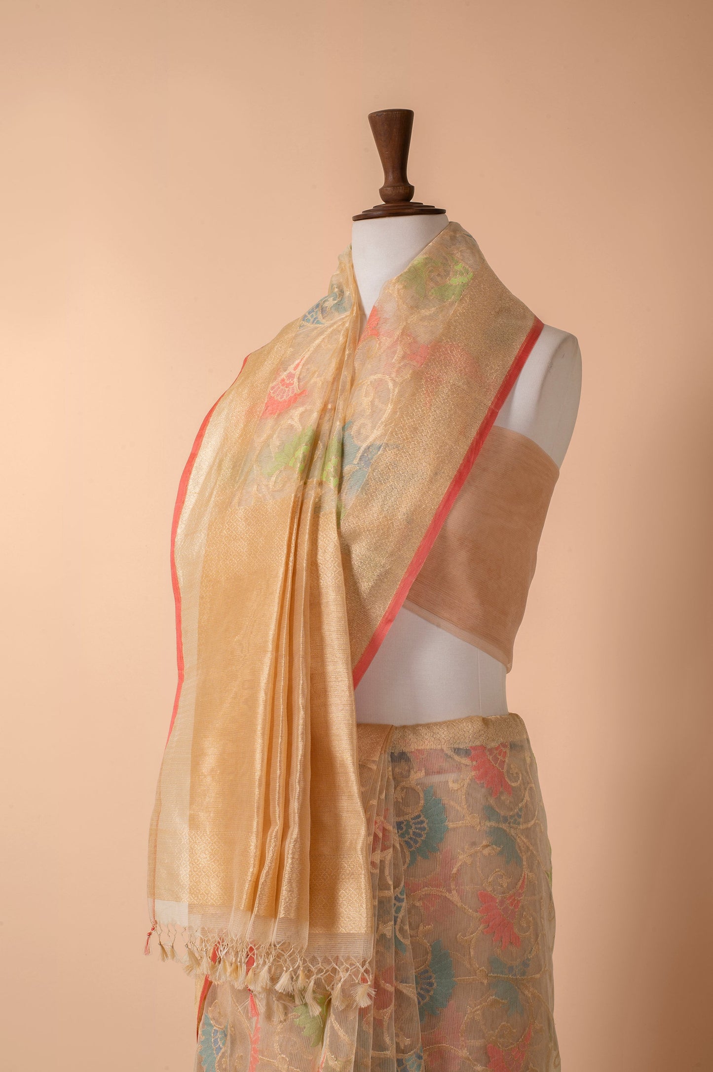 Handwoven Peach Net Sari