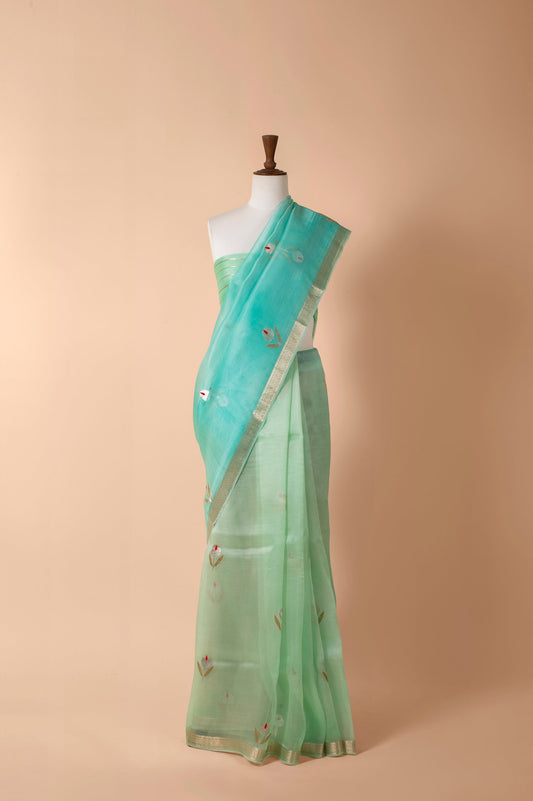 Handwoven Blue Organza Sari