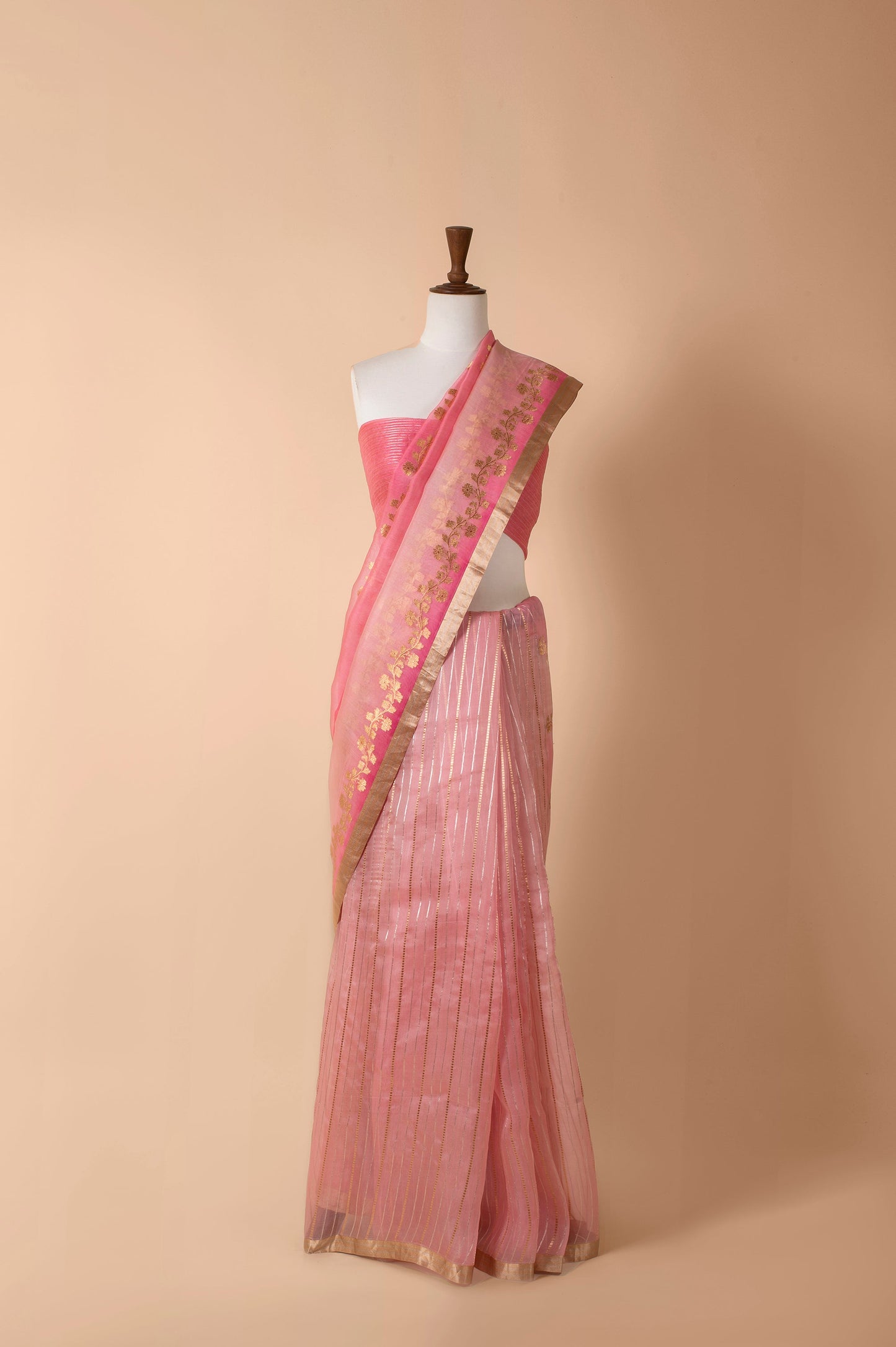 Handwoven Pink Organza Sari