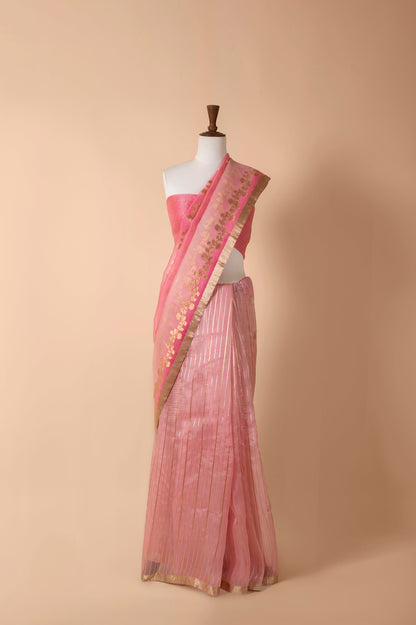 Handwoven Pink Organza Sari